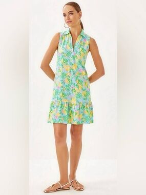 Lilly Pulitzer Riegan Dress Bluette Make Lemonade Easy Fit Ruffle Hem Size Large